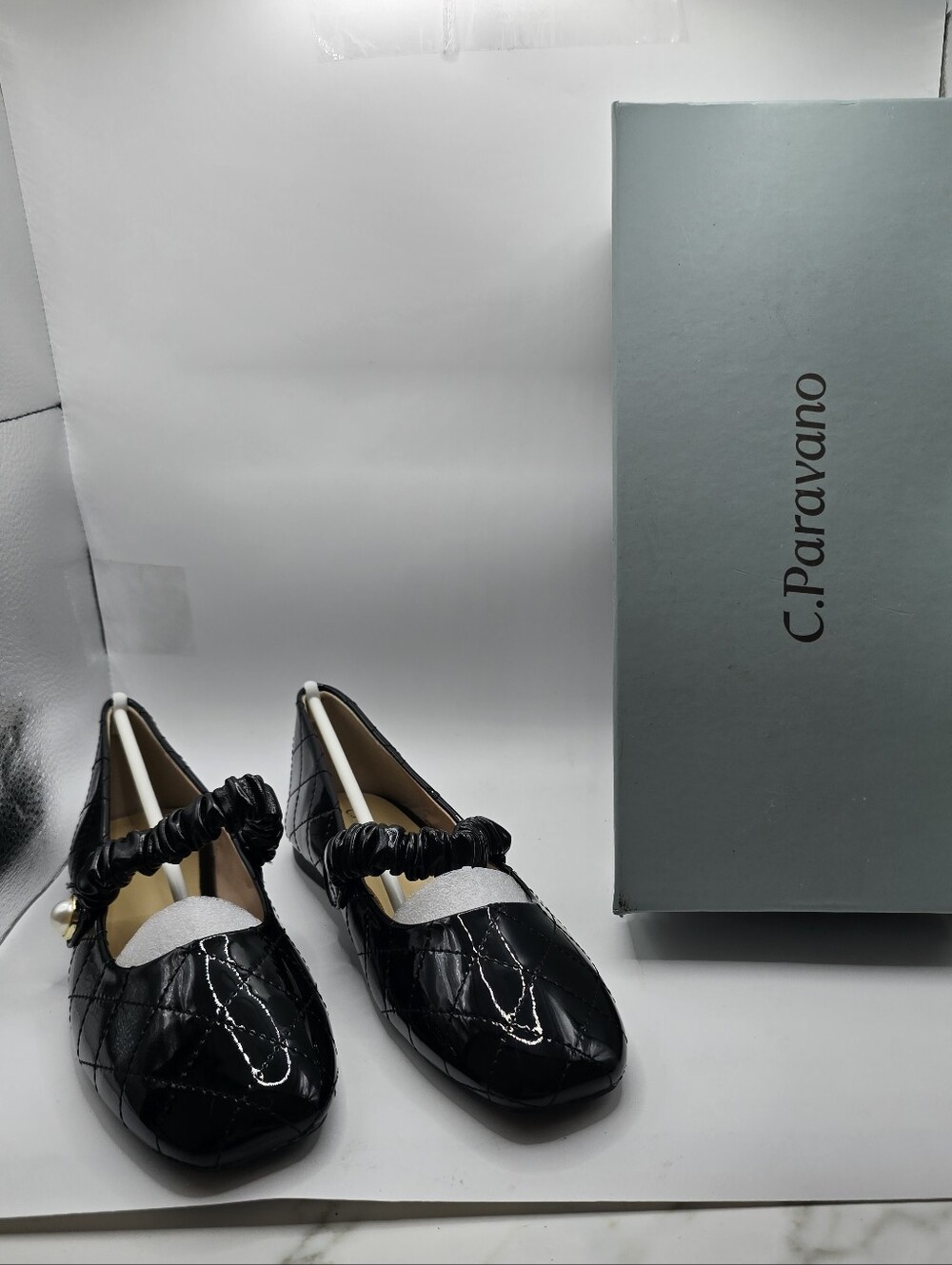 C. Paravano black quilted patent leather mary jane shoes  pearl detail sz 38/7.5